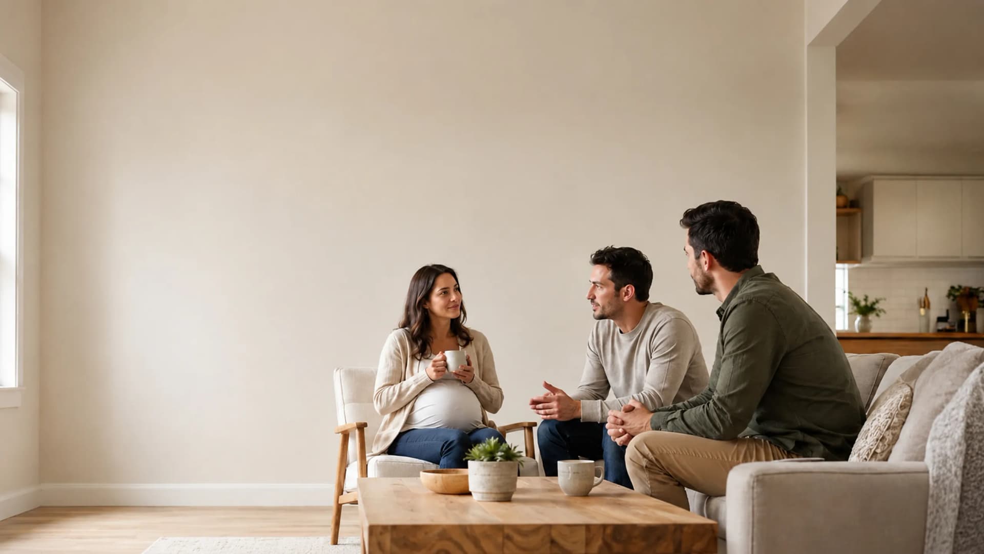 Intended parents meeting with a surrogate in a bright living room