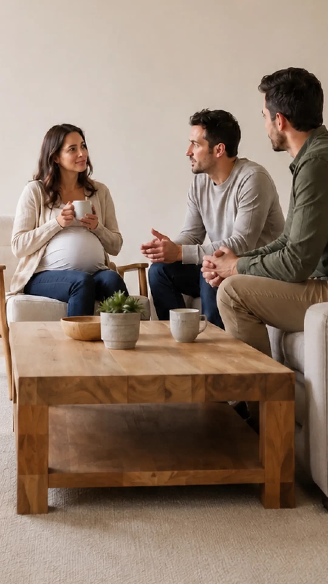 Intended parents meeting with a surrogate in a bright living room