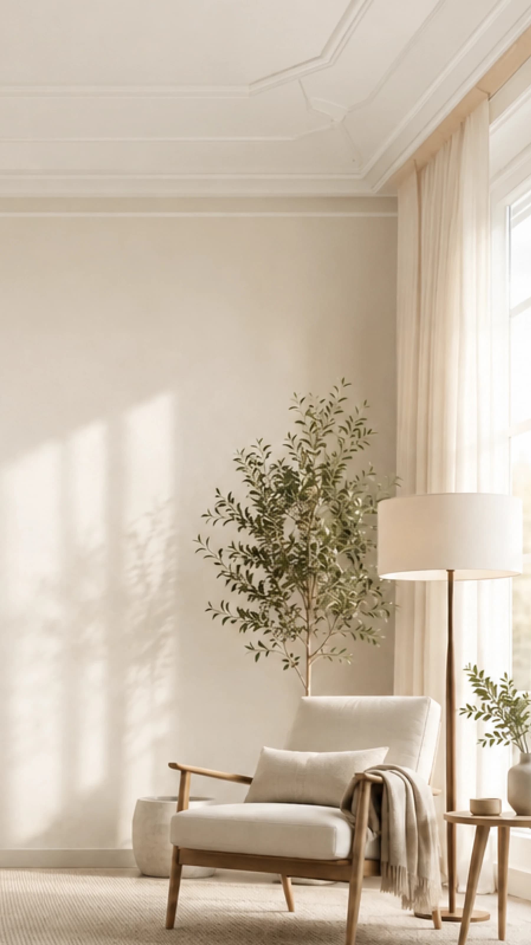 Bright living room with a plant and armchair